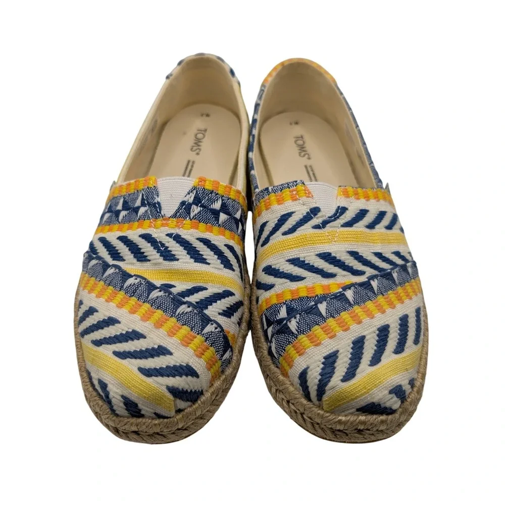 TOMS Espadrille Flats Blue Yellow Woven Geometric Alpargata - 7